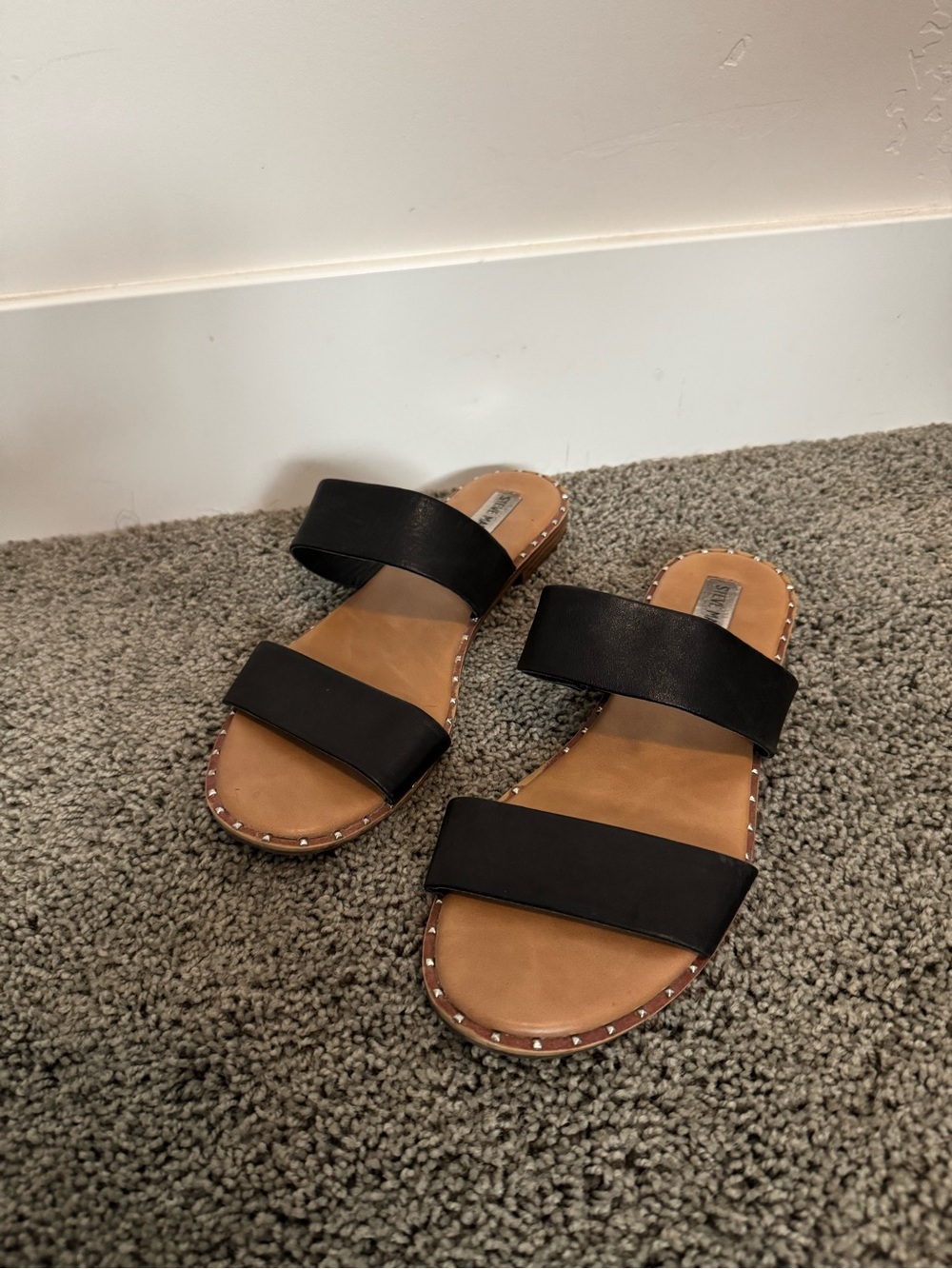 Steve Madden Black Double-Strap Slide Sandals with Studded Trim